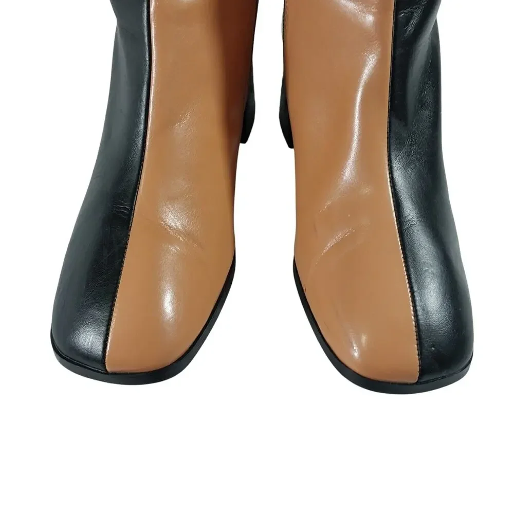 CODE Z! BLACK & TAN BEIGE SPLIT COLOR, CENTER SEAM, CHUNKY HEEL ANKLE BOOTS! 5M - Picture 5 of 12